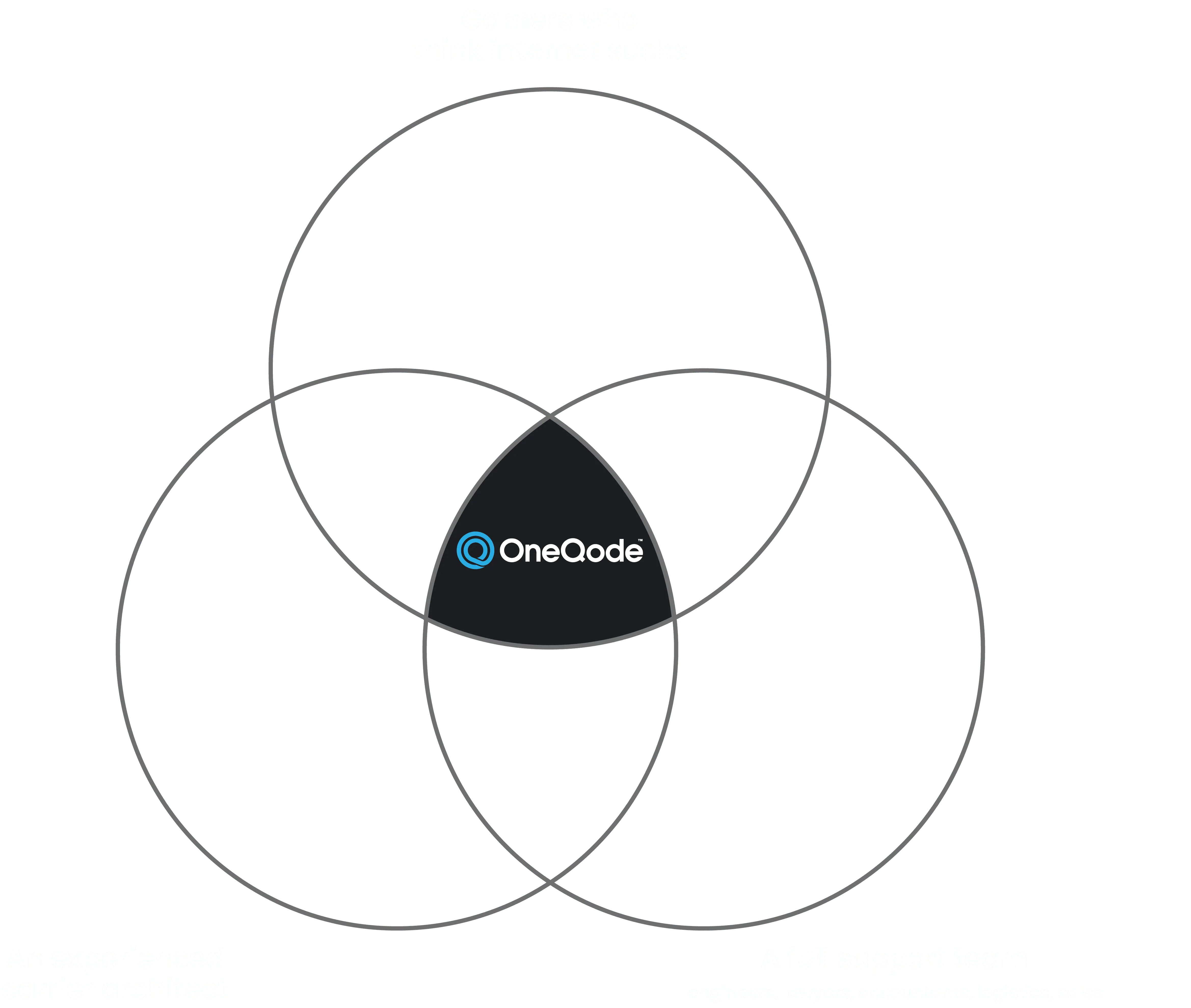 The OneQode Venn Diagram • A diagram showing how OneQode is the convergence of three things: gamers who think internet sucks, an experienced carrier architect, and a full support team.