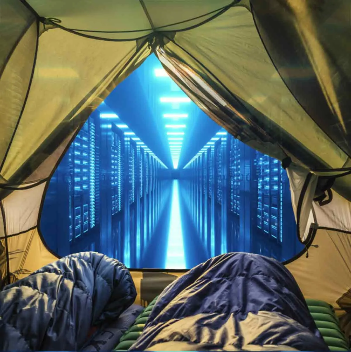 The view as if from inside a tent, looking out onto a blue tinted data centre.