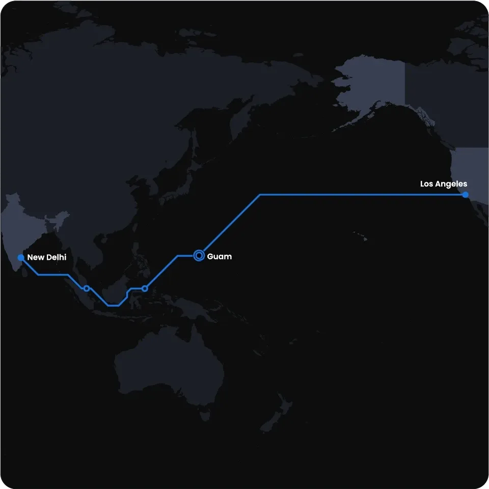 Route from Los Angeles to New Delhi