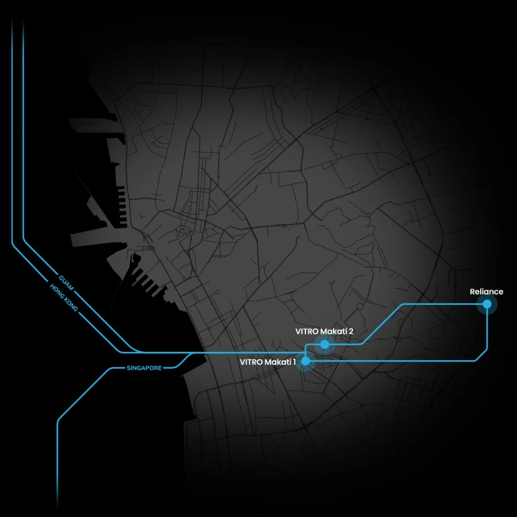 Stylised map showing latencies and subsea cable connections
