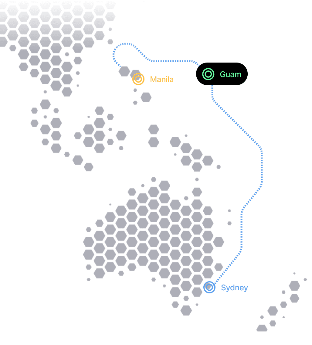 APAC network map showing Manila, Guam, and Sydney connections
